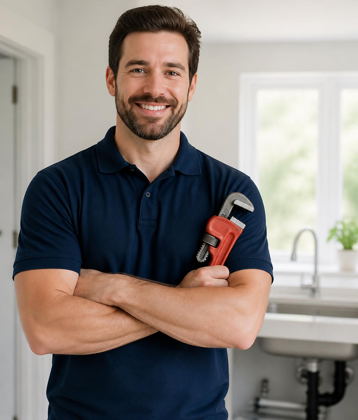 Seb Home Services technician holding a pipe wrench in a bright kitchen
